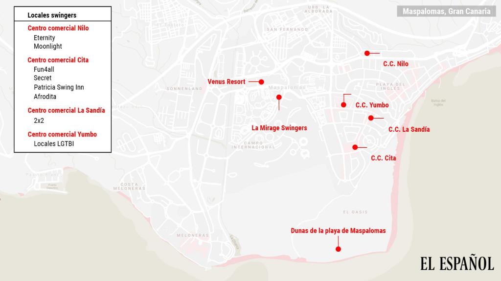 Mapa de los principales puntos turísticos de sexo de la localidad de Maspalomas