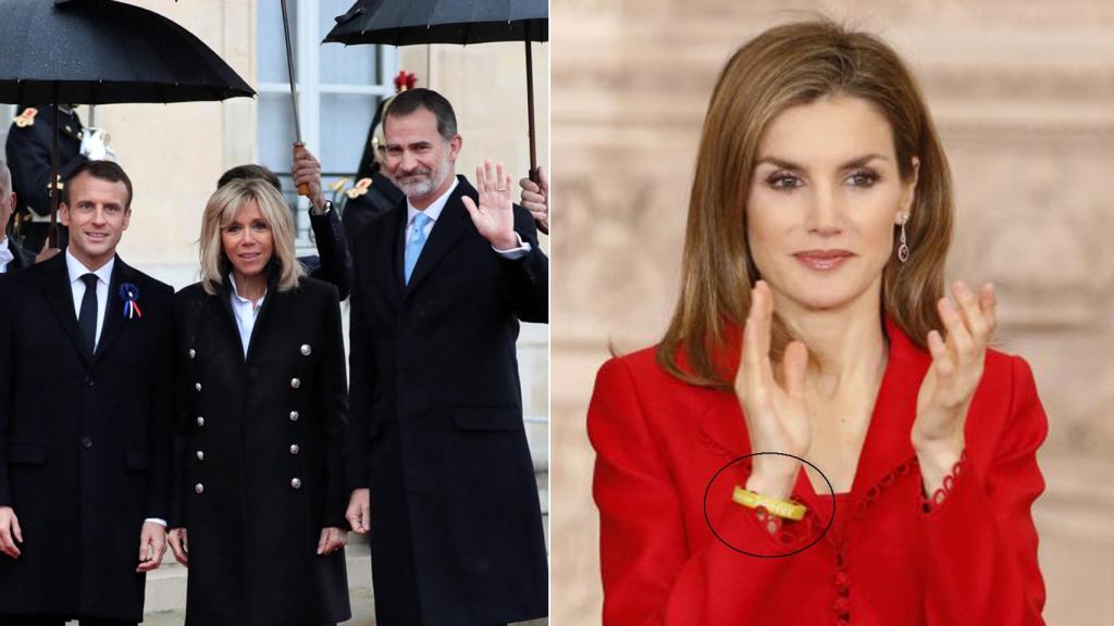A la derecha, Felipe VI posa con Emmanuel Macron y su esposa Brigitte; a la derecha, la reina Letizia con una pulsera por la conciliación.