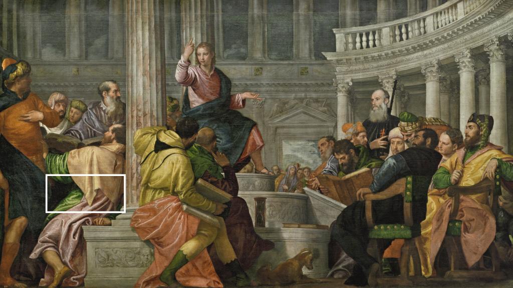 'La disputa con los doctores en el Templo', de Paolo Veronés, y el detalle de vestuario utilizado para cubrir la fachada de la pinacoteca.