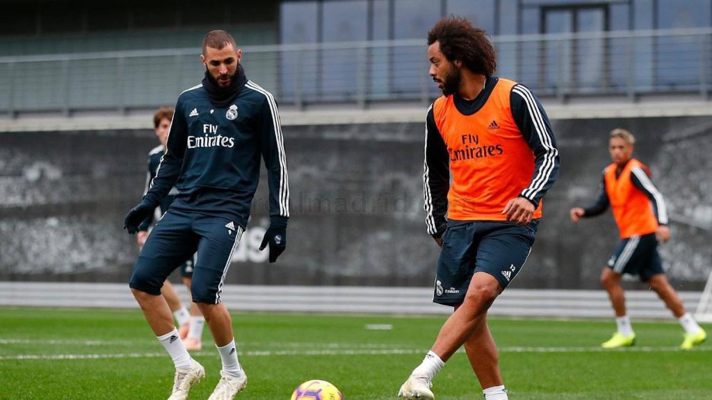 Benzema y Marcelo, en el entrenamiento del Real Madrid