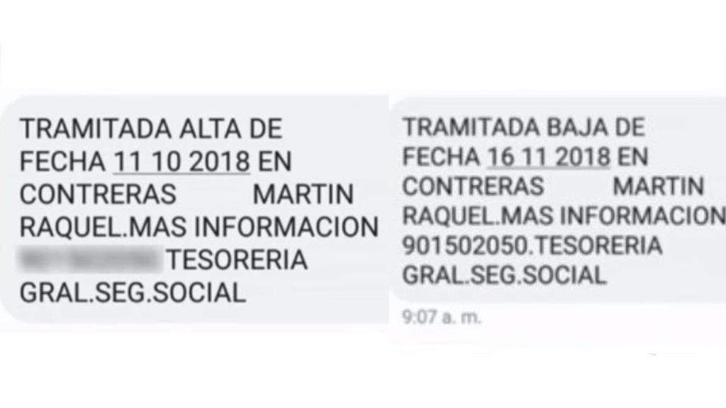 Los mensajes de alta y baja en la Seguridad Social que recibió el José Rafael real.