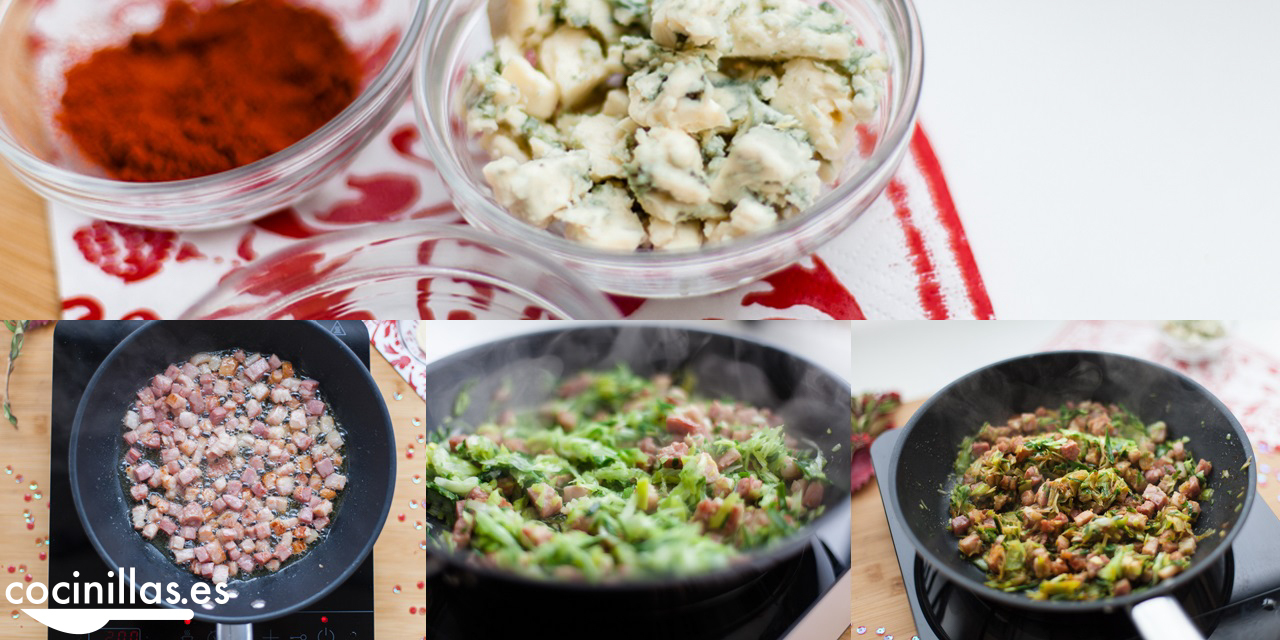 Sofrito para los muffins con puerro, bacon y queso azul