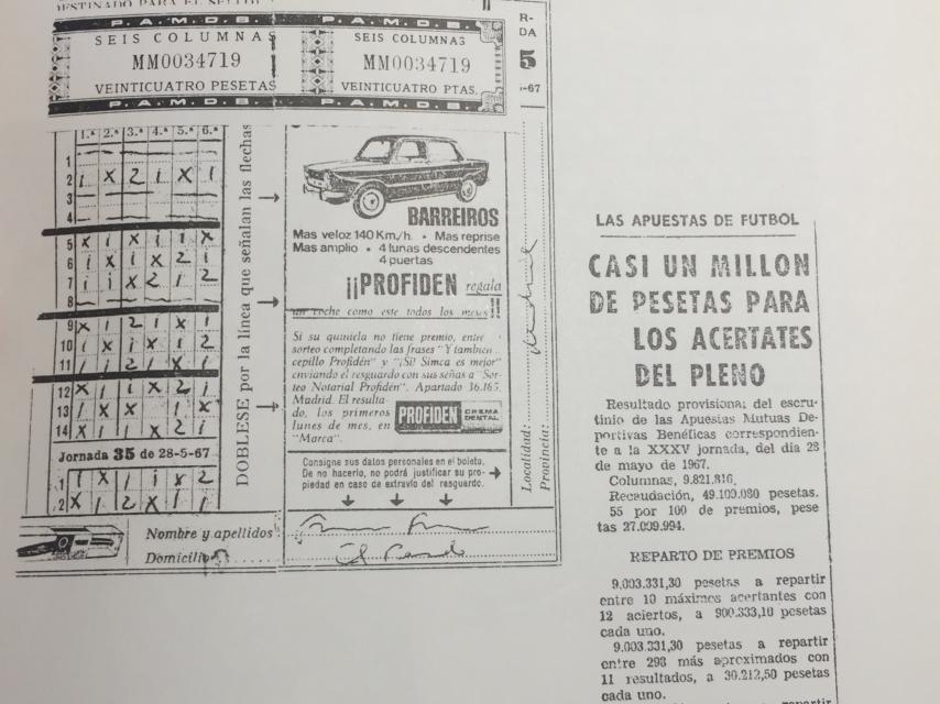 El boleto premiado de la quiniela de Franco, impreso en el libro de Rogelio Baon, 'La cara humana de un caudillo'.