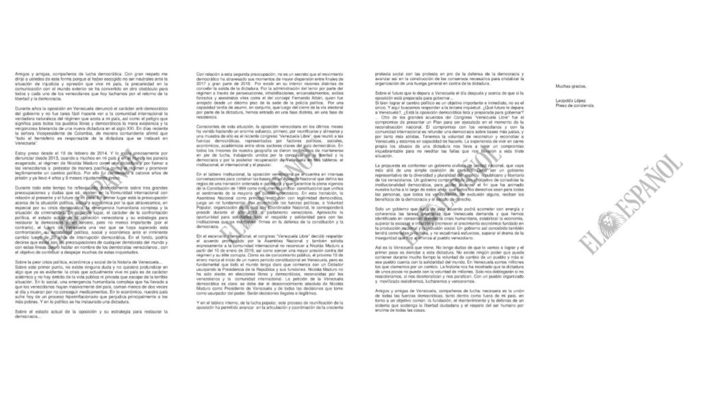 Carta de Leopoldo López a la comunidad internacional.