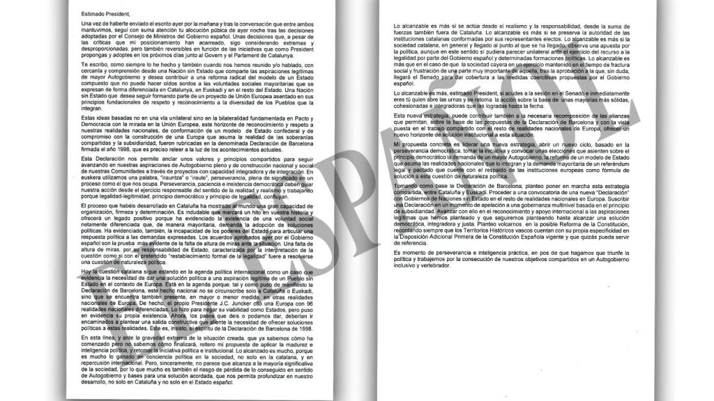 Documento remitido por Urkullu a Puigdemont.