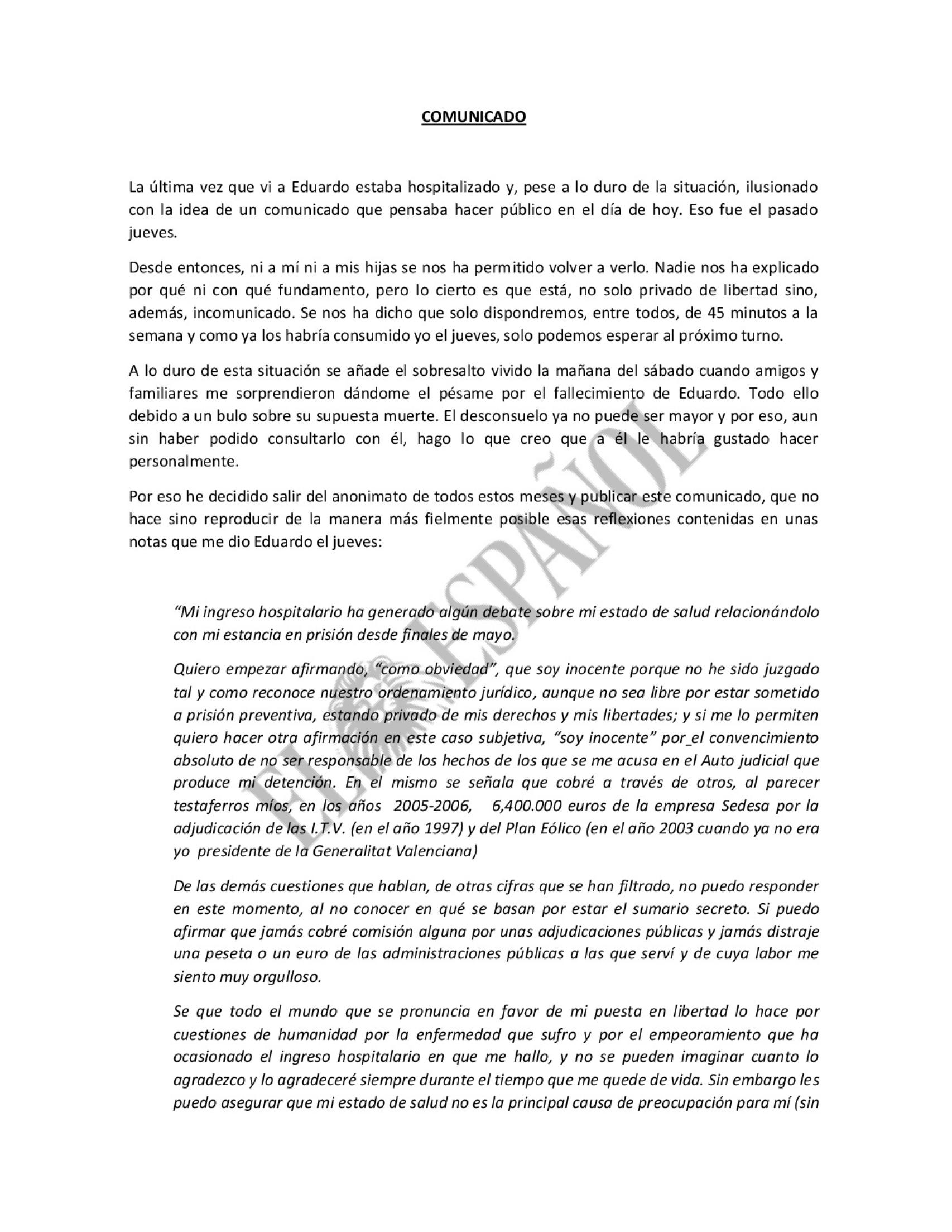 Comunicado de Eduardo Zaplana.