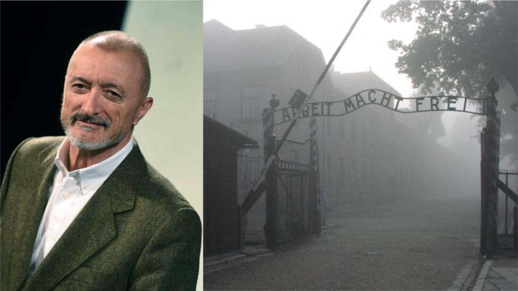 Pérez-Reverte y la entrada al campo de concentración de Auschwitz.