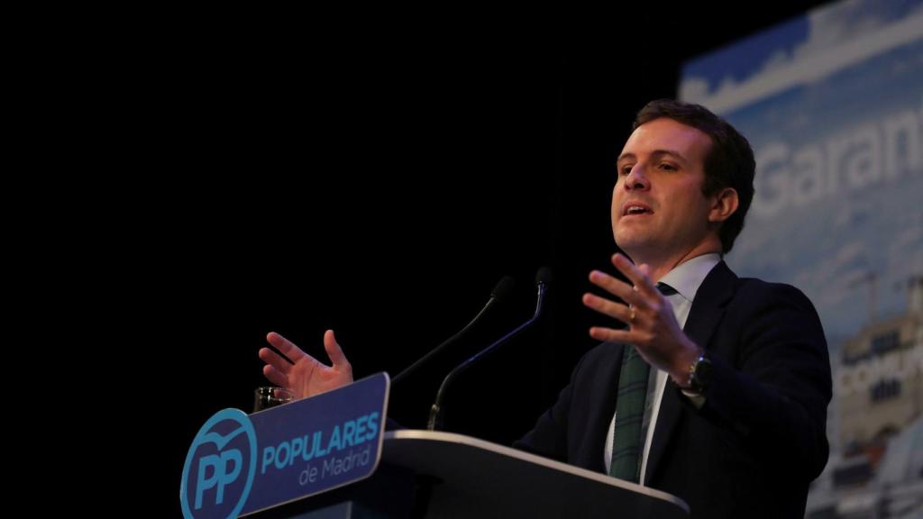 El presidente del PP, Pablo Casado, en la presentación de Díaz Ayuso y Martínez Almeida como candidatos en Madrid.