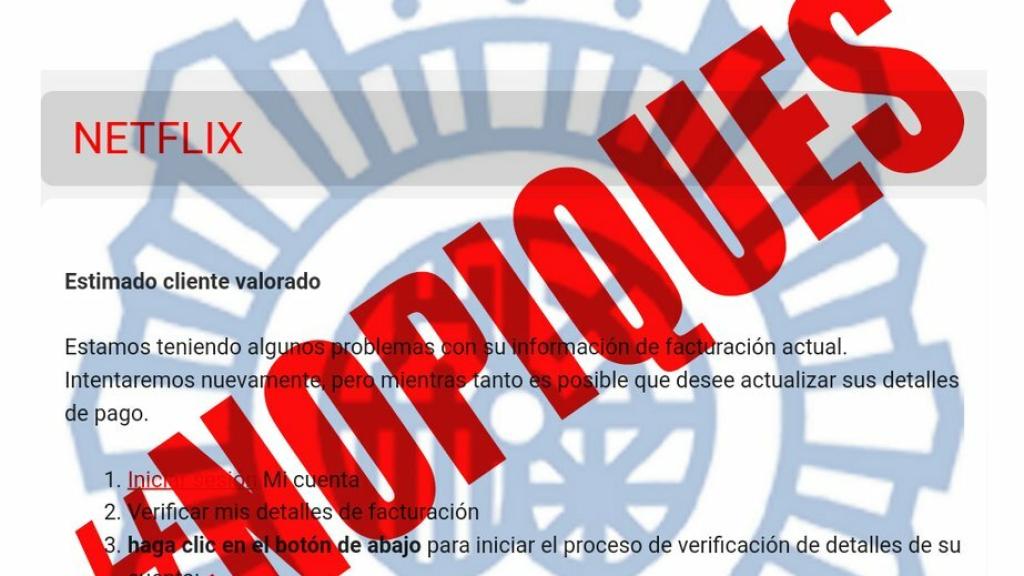 Ejemplo del correo electrónico de la estafa de Netflix