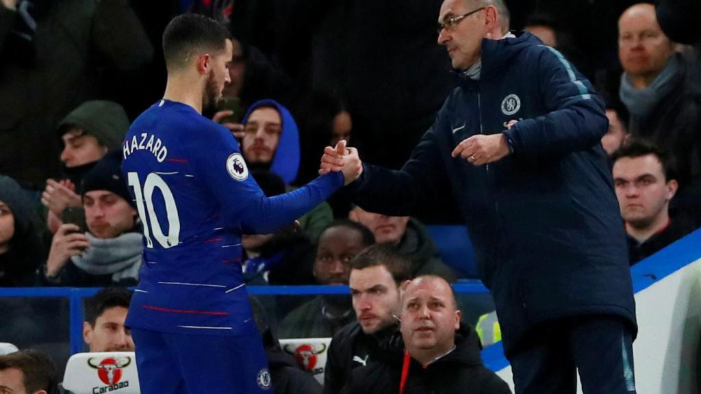 Hazard y Sarri, durante un partido del Chelsea