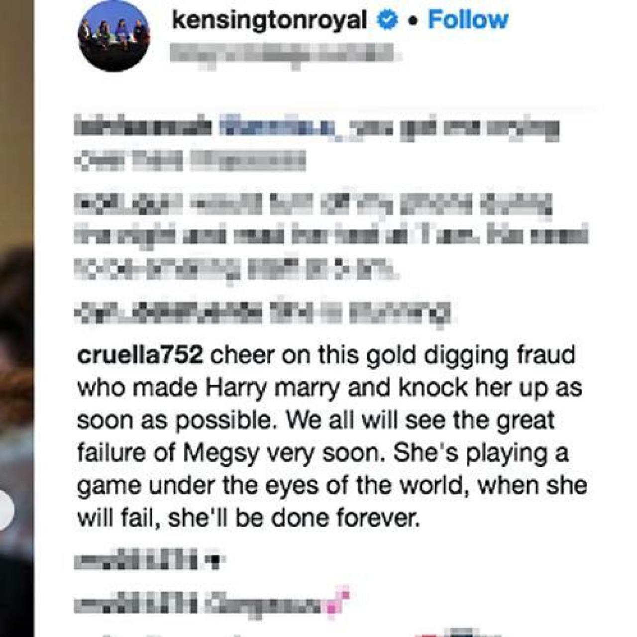 Pantallazo del Instagram del palacio de Kensingon con comentarios abusivos.