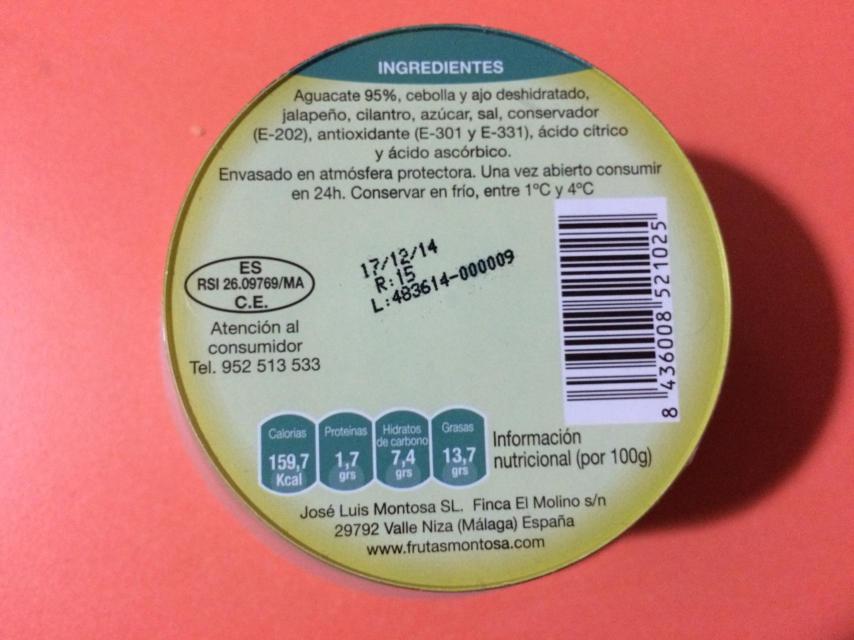 Listado de ingredientes del guacamole elaborado por Frutas Montosa.