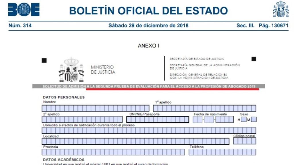 Error en la convocatoria del examen de acceso a la abogacía publicada en el BOE.