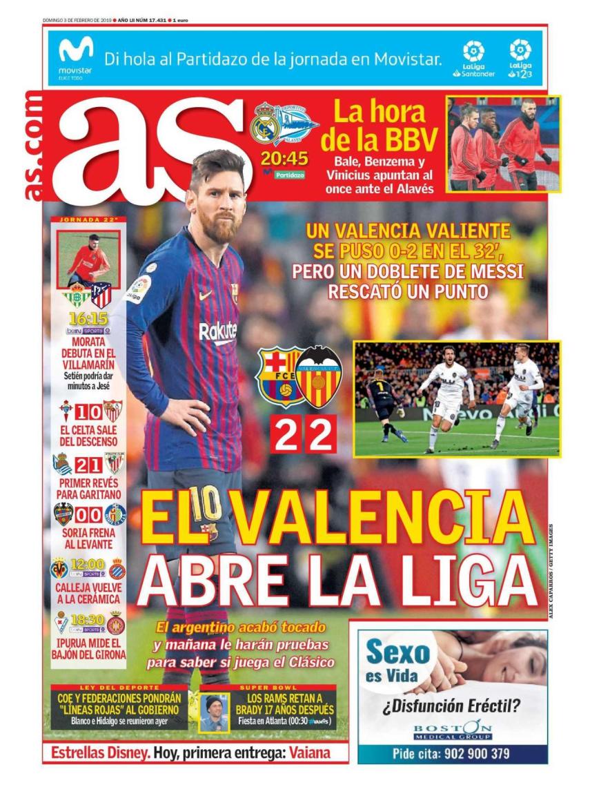 La portada del diario AS (03/02/2019)