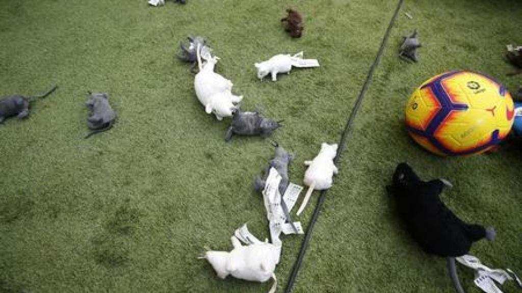 Las ratas de peluche que han lanzado los aficionados. Foto: Twitter