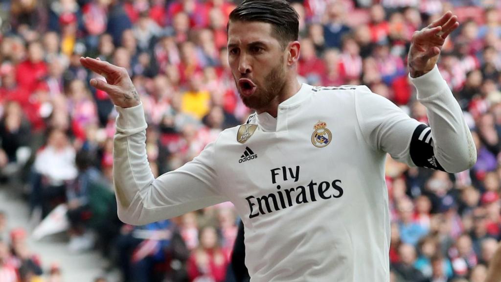Sergio Ramos celebra su gol al Atlético de Madrid