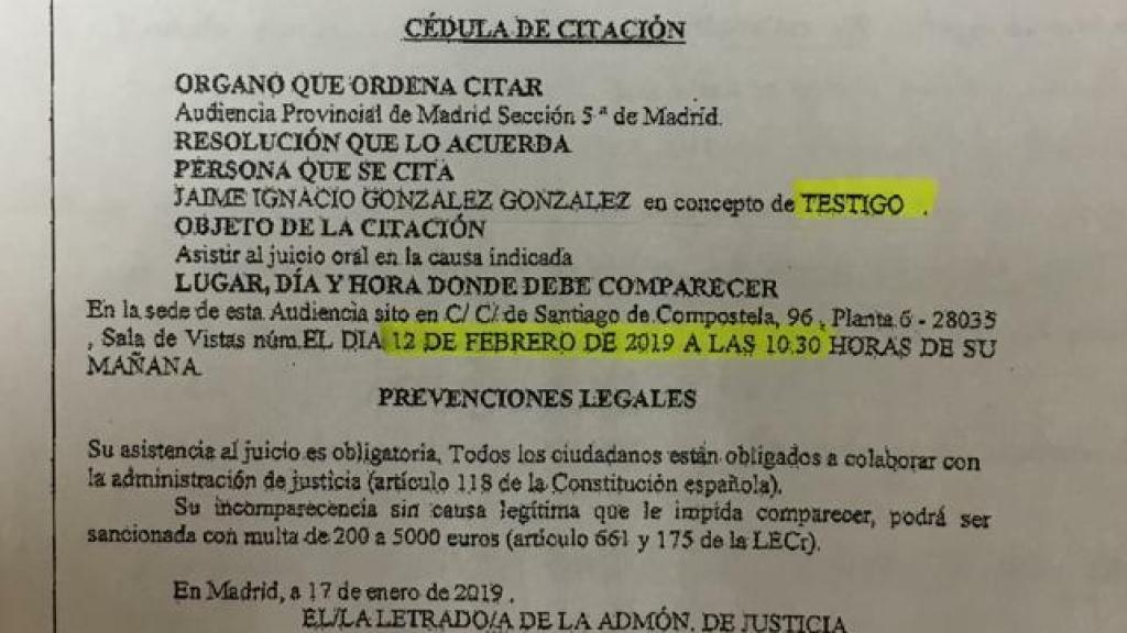 Citación recibida por Ignacio González.