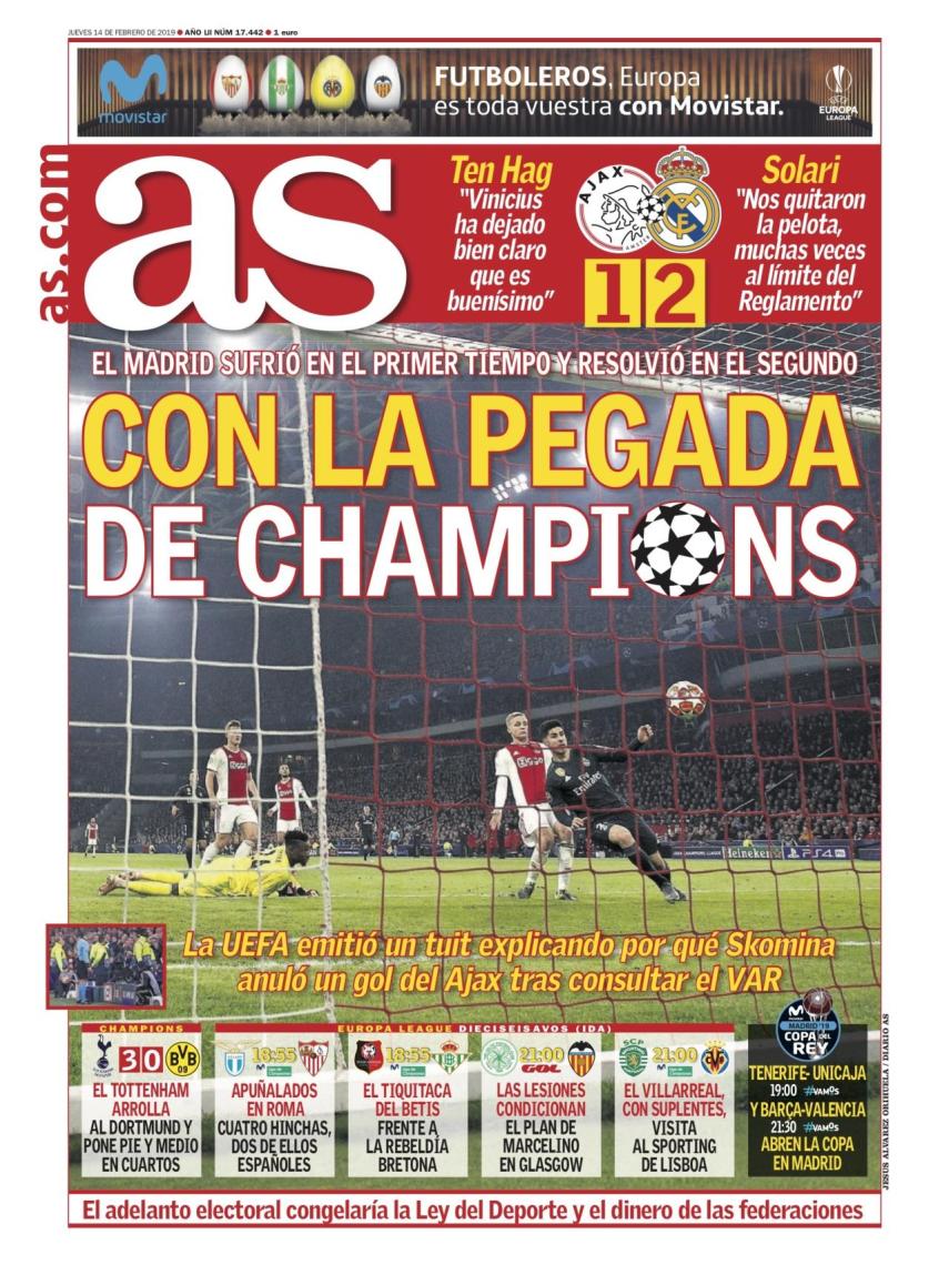 La portada del diario AS (15/02/2019)