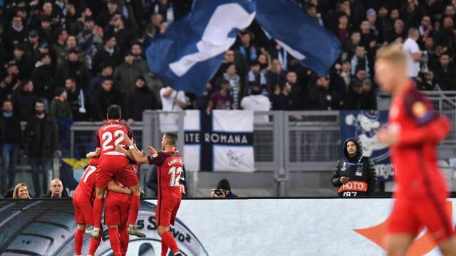 El Sevilla celebra el único gol del partido ante la Lazio