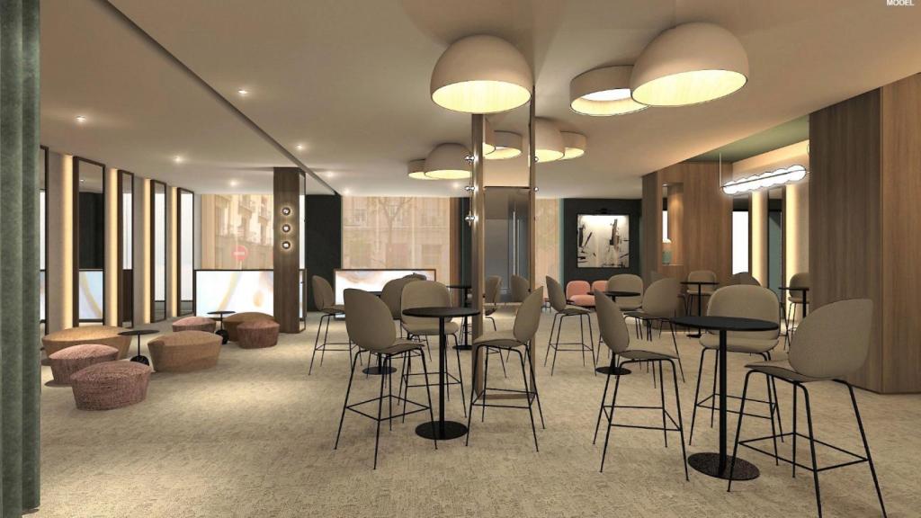 Recreación que muestra lo que será una sala de conferencias después de la reforma.