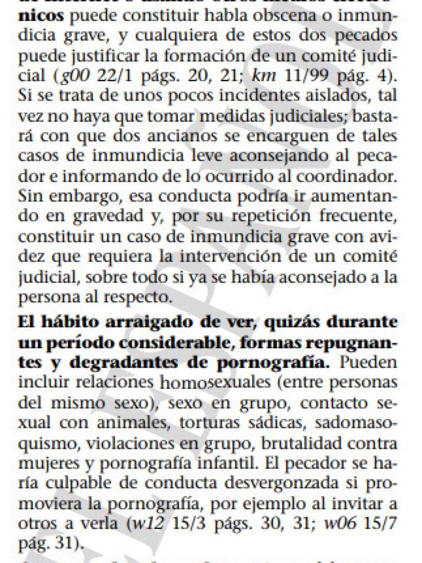Fragmento del libro interno de los Testigos de Jehová Pastoreen el rebaño. En este, concretamente, califican las relaciones entre personas del mismo sexo como algo repugnante.