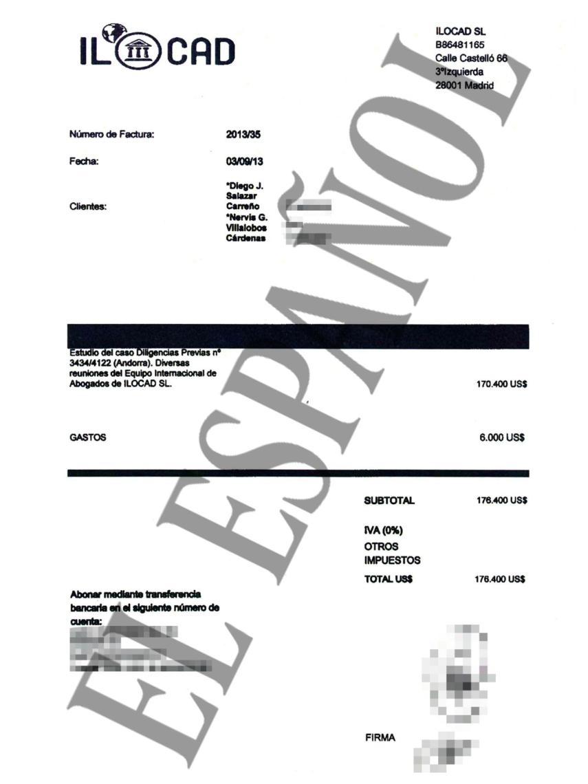 Factura emitida por el despacho de Baltasar Garzón a los dos acusados venezolanos.