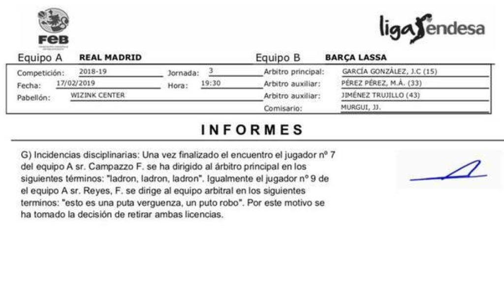 Acta arbitral de la final de la Copa del Rey. Foto: Twitter. (@partidazocope)