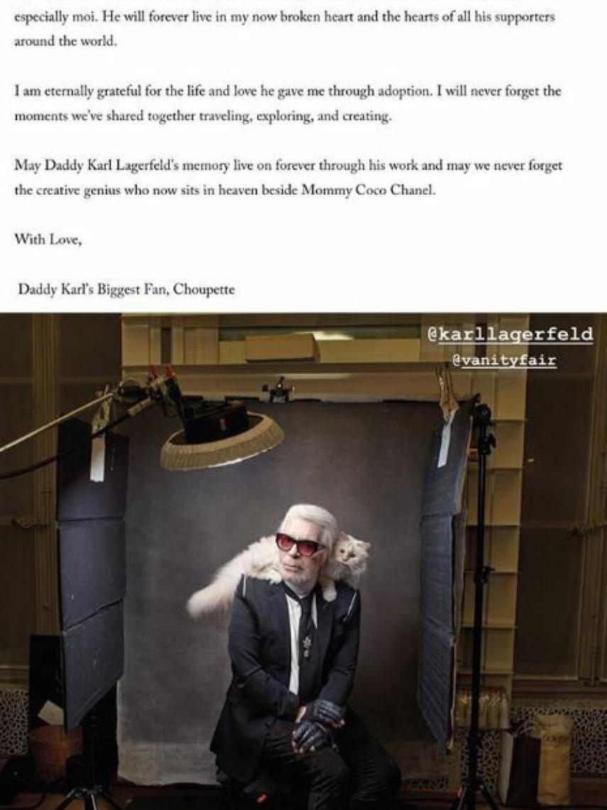 Choupette ha despedido a su 'papá' con un carta en su diario web.