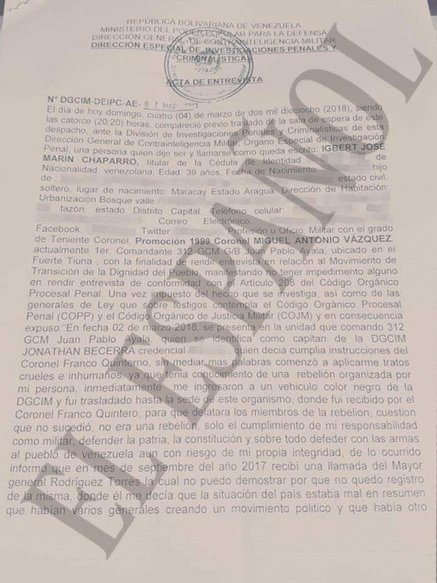 Primera página de la declaración del coronel Marín Chaparro.