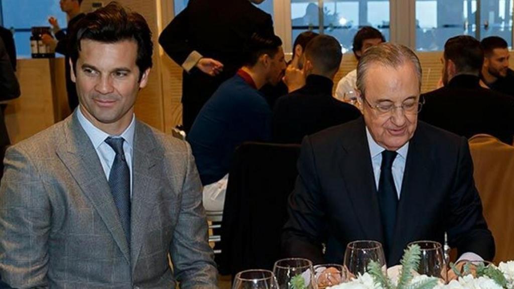 Solari y Florentino Pérez durante la comida navideña del Real Madrid