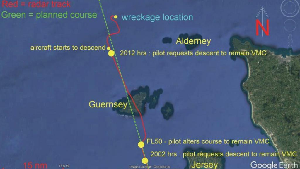 Infografía de la AAIB de la señal del avión de Emiliano Sala