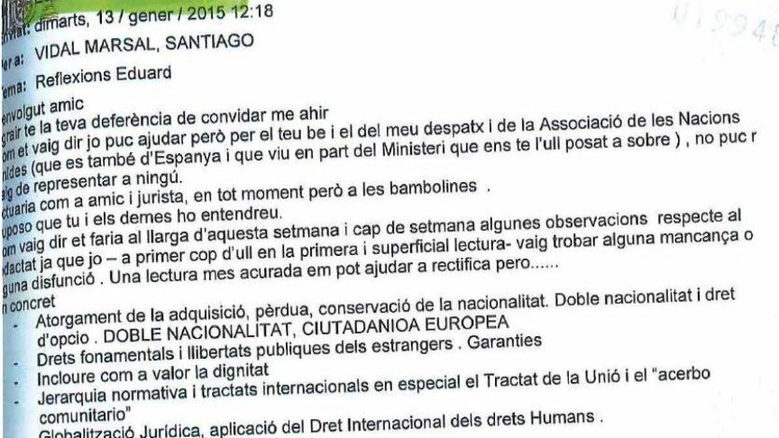 Correo de Eduard Sagarra a Santiago Vidal./