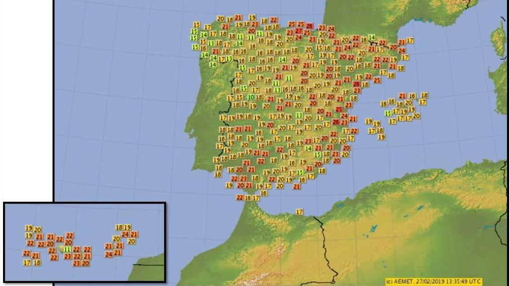 Mapa de España con las temperaturas máximas de este miércoles.