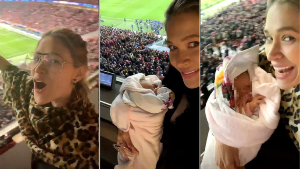Carla Pereyra en el Wanda Metropolitano con su hija Valentina con tan solo 9 días.
