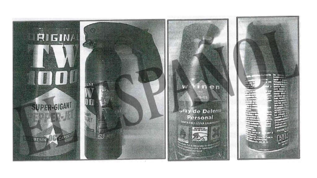 Botes de espray pimienta encontrados en casa de uno de los sicarios.