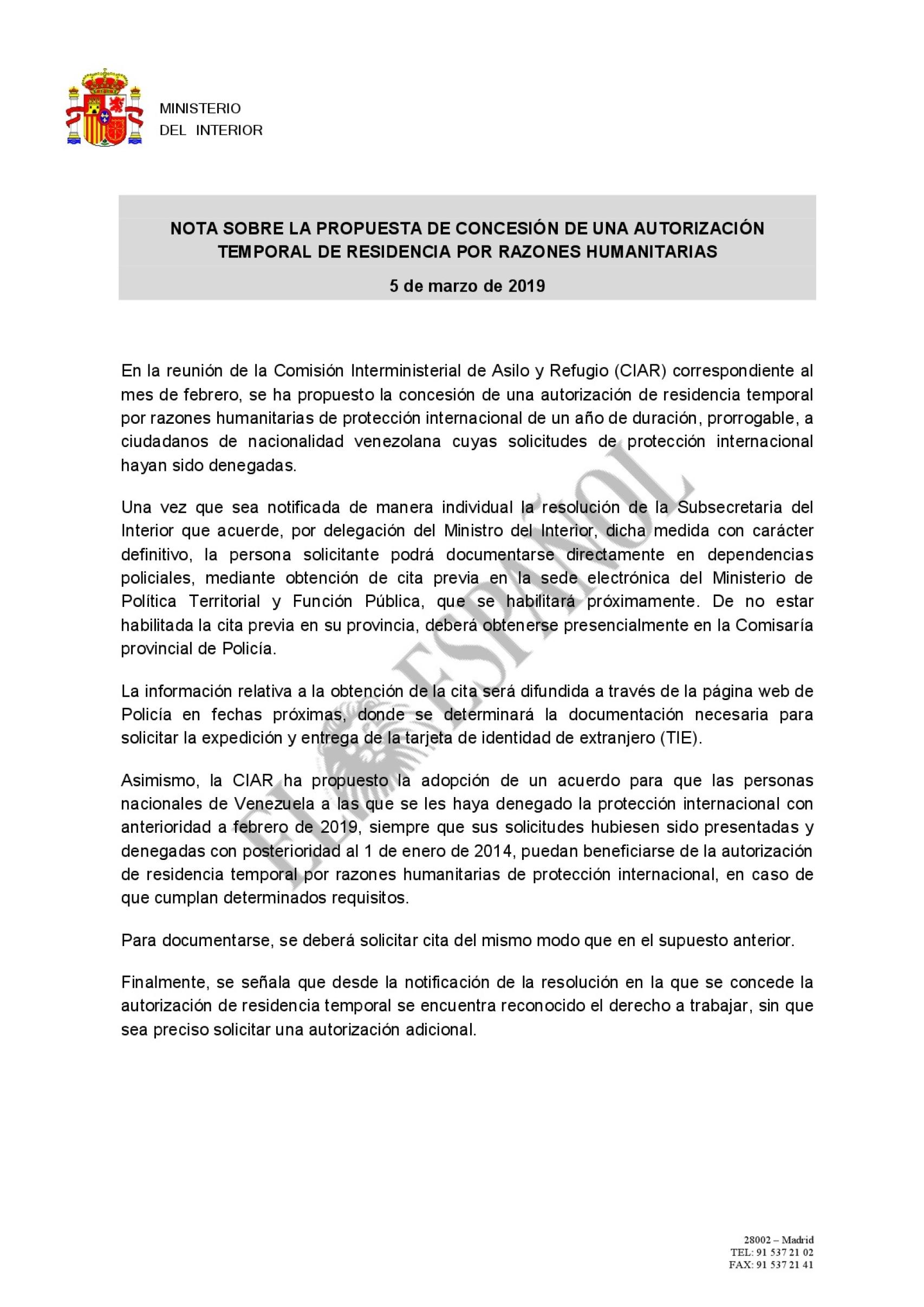 Nota interna de de la Oficina de Asilo y Refugio del Ministerio del Interior.