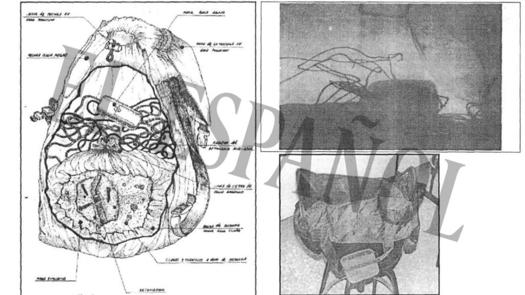 Varias imágenes y radiografías de la mochila, con los cables en su interior.