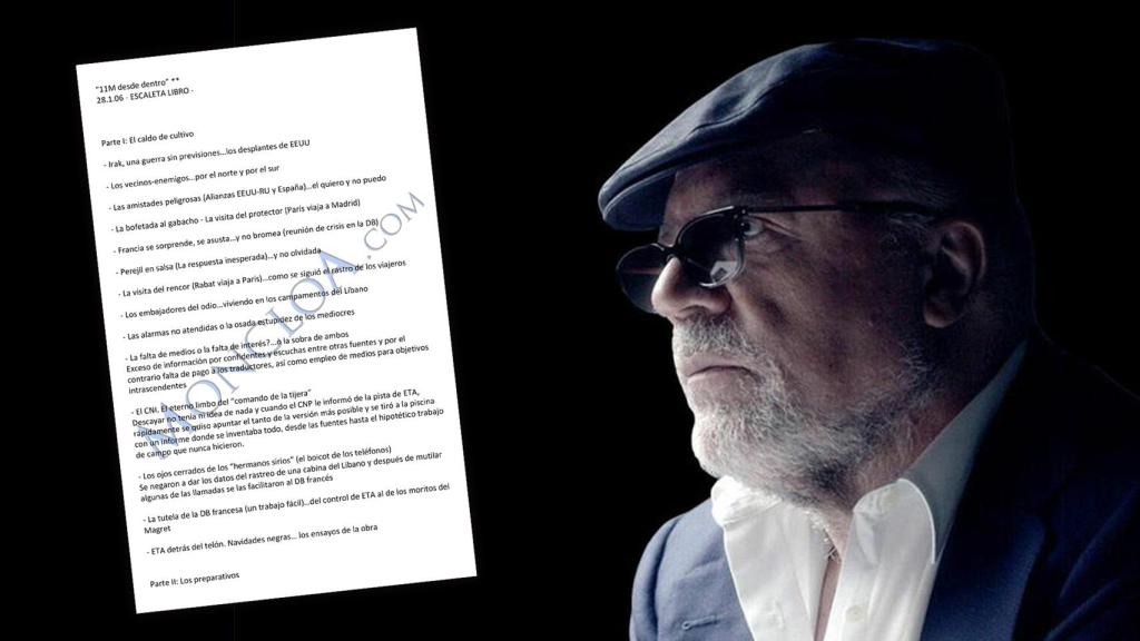 A la derecha, el comisario José Villarejo. A la izquierda, una de las páginas del índice del libro que preparaba.