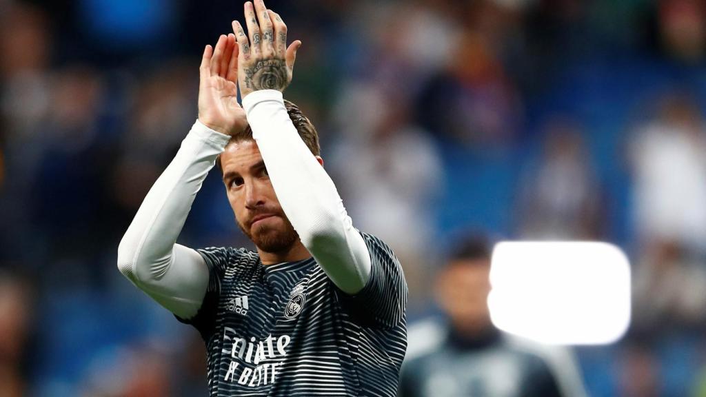 Sergio Ramos, durante el calentamiento del Real Madrid