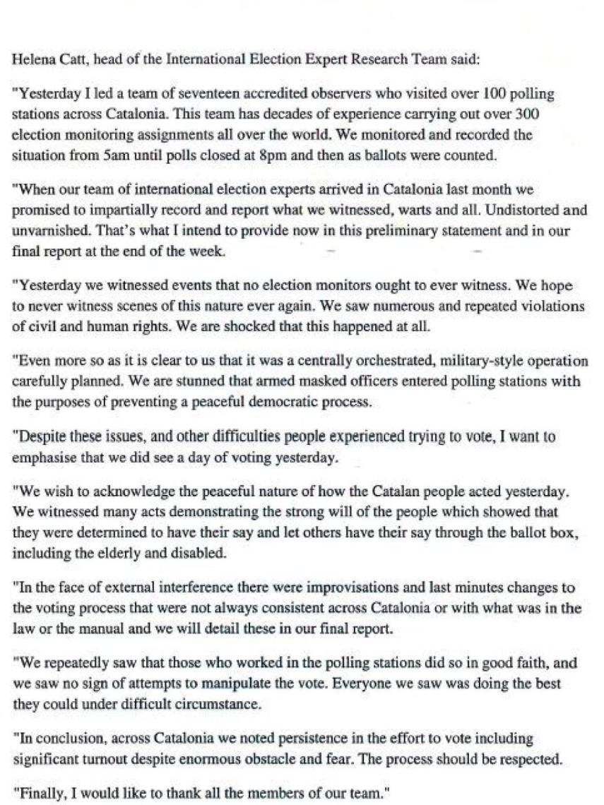 Comunicado de Helena Catt avalando el referéndum del 1-O./