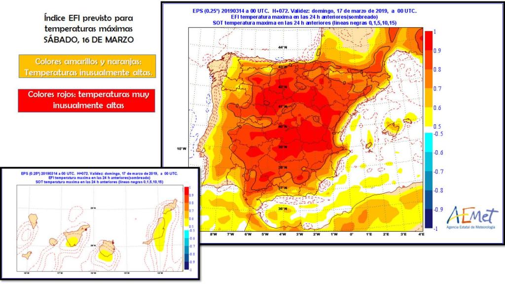 Predicción de anomalías de temperaturas máximas para el sábado 16 de marzo. Aemet.