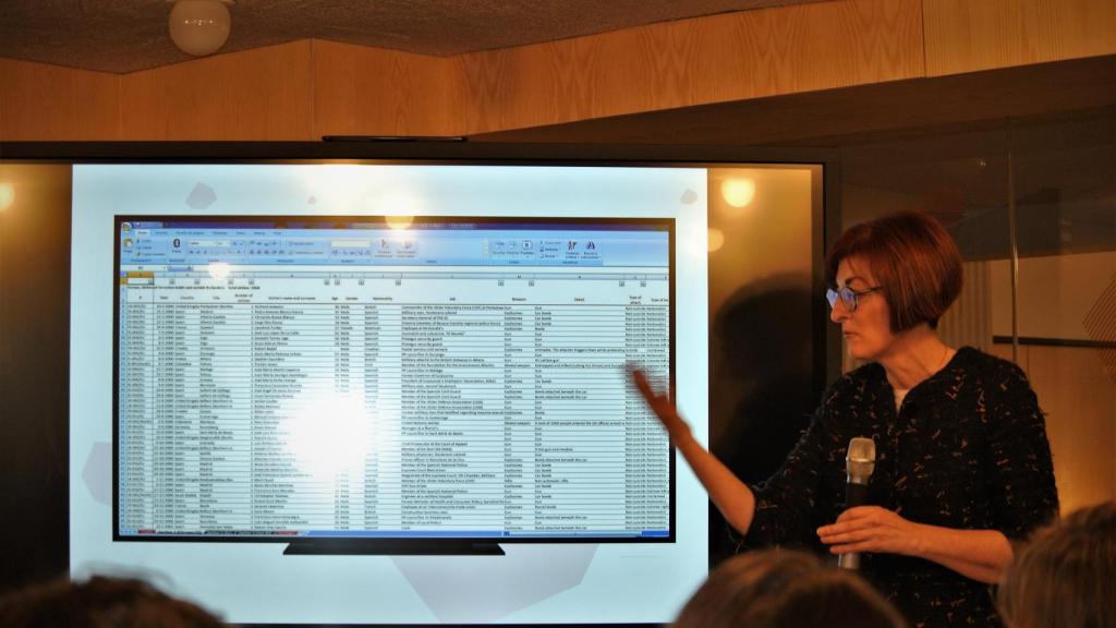 Maite Pagazaurtundua, explicando la base de datos del 'Libro blanco y negro del terrorismo en Europa'.