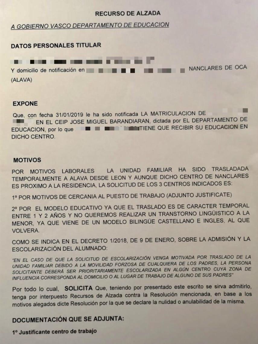 Recurso presentado por la familia contra la obligación de matricular a la niña en el centro.
