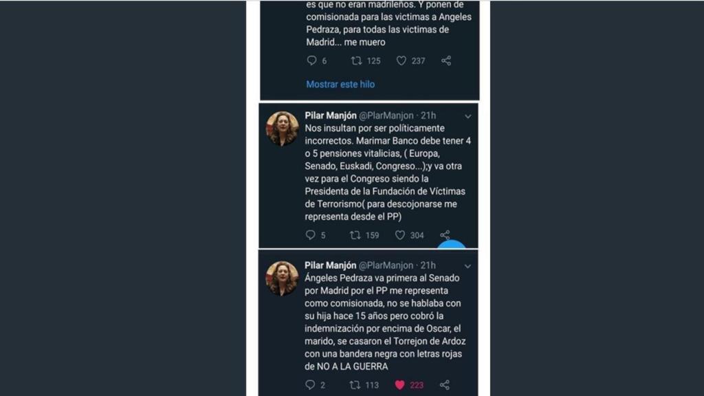 Mensajes de Pilar Manjón sobre Mari Mar Blanco y Ángeles Pedraza.