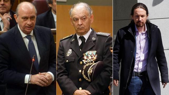 De izquierda a derecha, el exministro Jorge Fernández Díaz, el DAO Eugenio Pino y Pablo Iglesias.