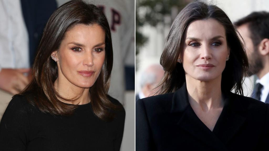 A la derecha, la reina Letizia en un acto institucional el jueves por la mañana. A la izquierda, en la misa funeral en recuerdo a Pérez-Llorca.