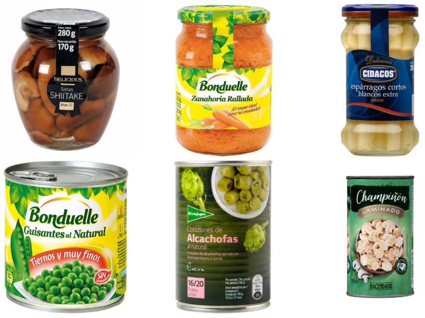 Varios productos naturales envasados en botes y latas