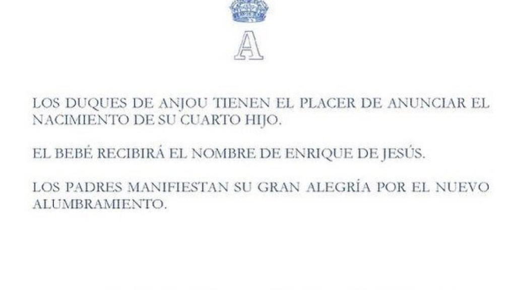 Comunicado de Luis Alfonso de Borbón sobre el nacimiento de su cuarto hijo.