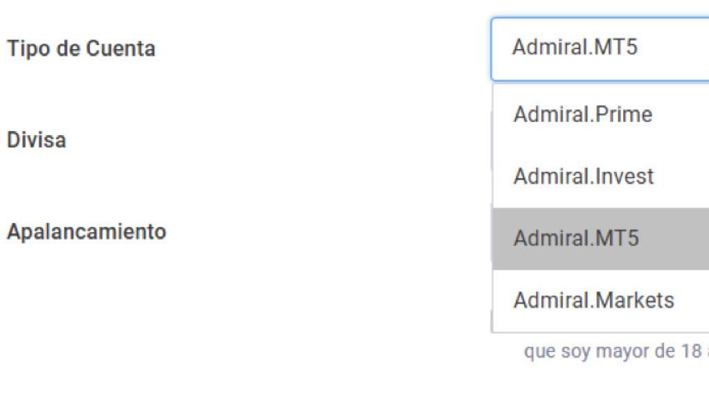 Ejemplo de cómo elegir la operativa en Admiral Markets.