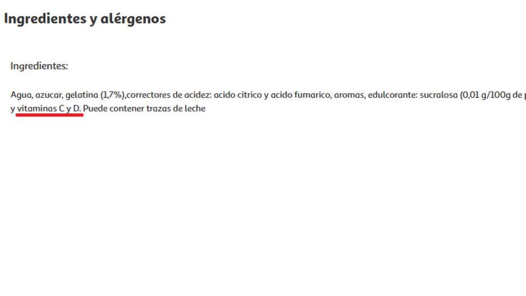 Ingredientes de una gelatina que dice tener un extra de colágeno